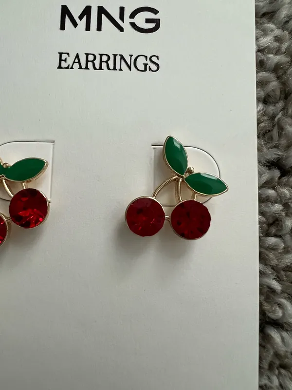 MNG Mango Cherry Earrings Red Rhinestone Stud Cute Fruit Jewelry Gift - Image 4