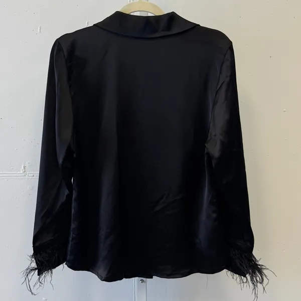 Juicy Couture Black Satin Feather Trim Pajama Top Rhinestone JC‎ Logo Mens Small - Image 2