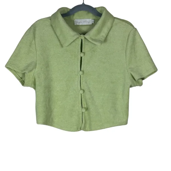 Beige Botany Terry Cloth Crop Top Womens S Pastel Green Button Front Collared - Image 2