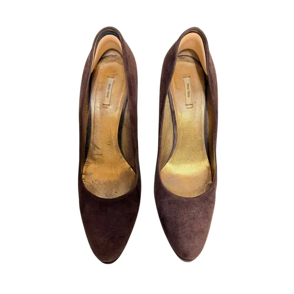Vintage Miu Miu‎ Brown Suede Platform Pumps 70s Style Block Heel Size 37.5 - Image 4