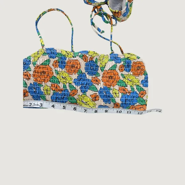 Floral Smocked Bikini Set Blue Orange Yellow Ruched Two‎ Piece Swimsuit Small - Image 9