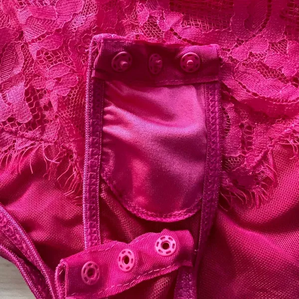 Pink Floral Lace Scalloped Sheer Lingerie Teddy Bodysuit Size S - Image 8