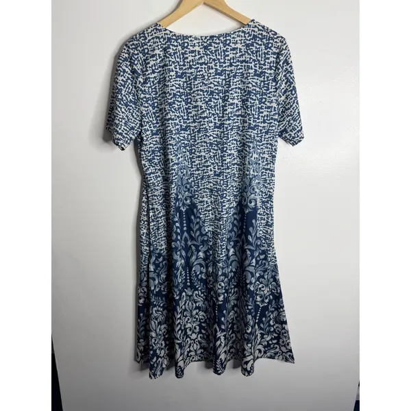NEW Blue‎ White Damask Print Swing Midi Dress Boho Coastal Flowy Casual Medium - Image 3