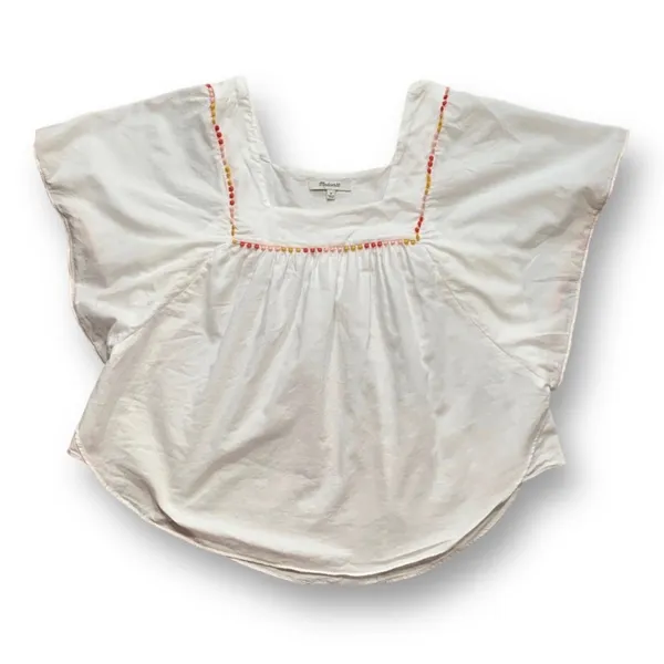 Madewell‎ White Cotton Pom PomTrim Blouse Medium Boho Festival Butterfly Top - Image 7
