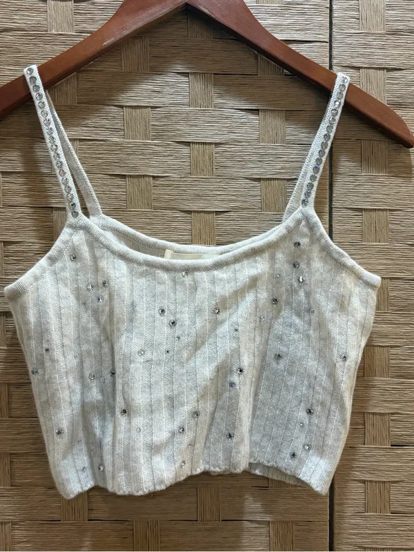 $275 LOVE SHACK FANCY cashmere wool gray rhinestone crop top NWOT M quiet luxury - Image 2