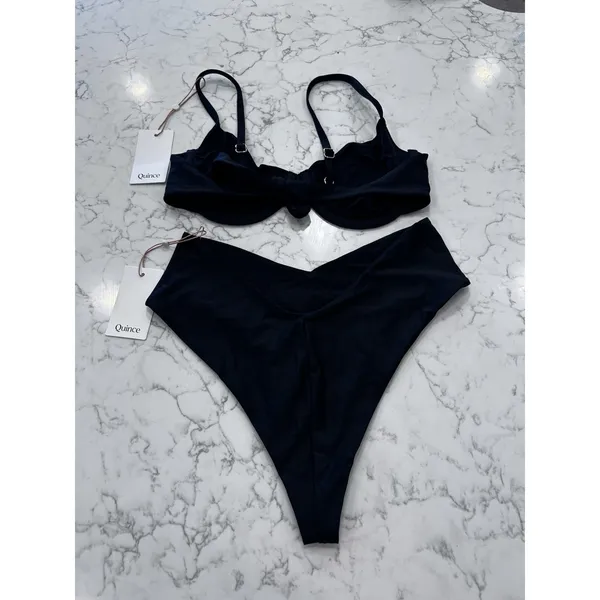 NWT Quince Black Italian Demi Bikini Top & V Cut High Leg Bottom Set Size Large - Image 2