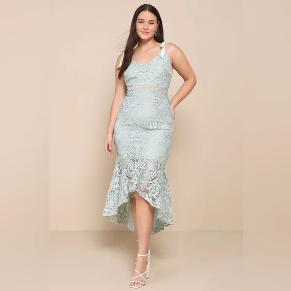 LULU’S Won Your Heart Sage Green Lace Tie-Strap High-Low Midi Dress - Image 8