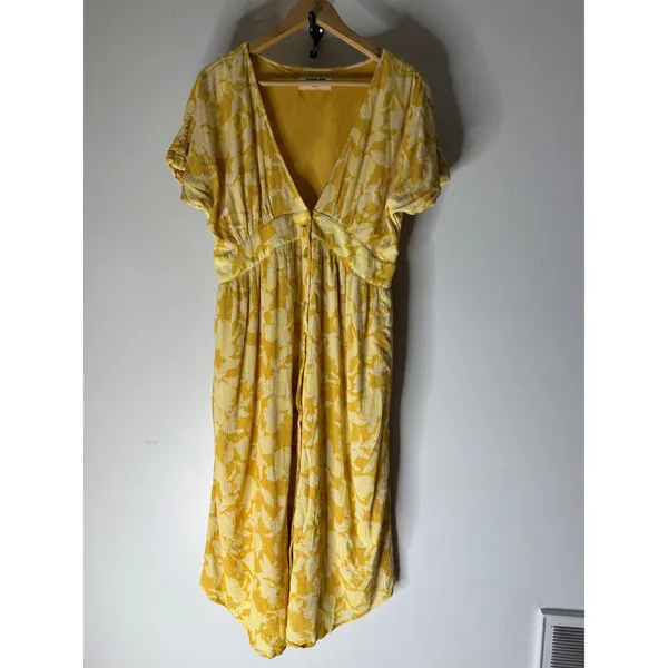 The Normal Brand Womens Yellow Floral Button Front V-Neck Midi Dress Size large - Image 3