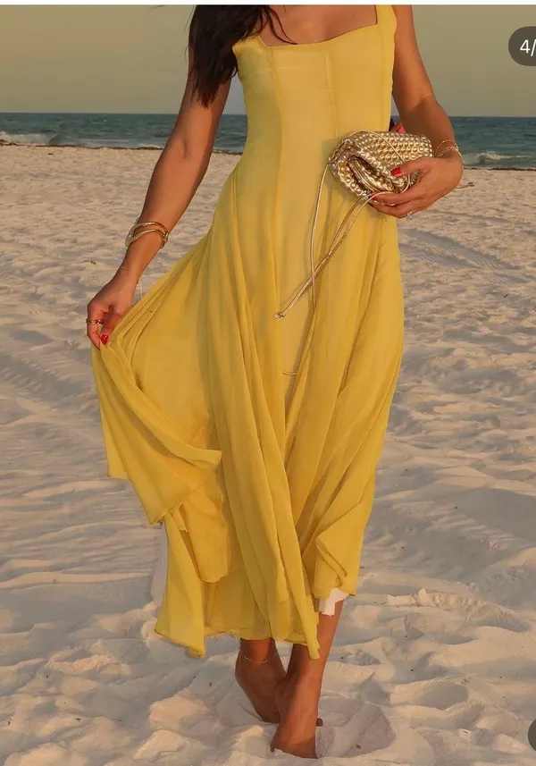 Zara butter mustard Yellow Maxi Dress flowy bohemian midi summer vacation - Image 3