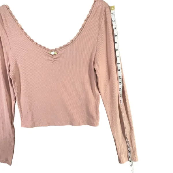 Pretty Garbage Long Sleeve Baby Tee Size L Pink Rib Knit Scoop Dainty Lace‎ Top - Image 11