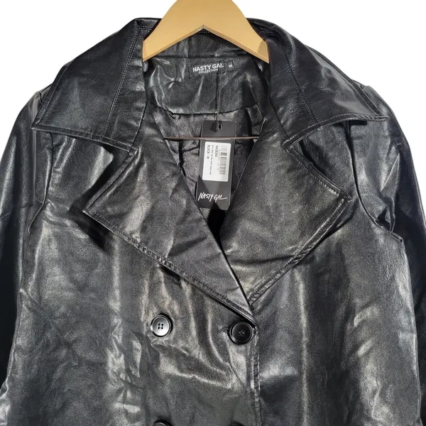 Nasty Gal Collection Black Faux Leather Longline Trench Coat Jacket Women's‎ M - Image 4