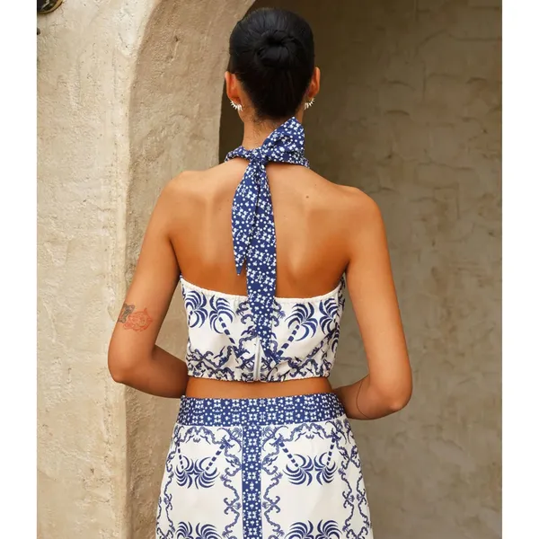 NWT COMMENSE Blue White Printed Palm Tropical Halter Crop Top Womens Large - Image 2