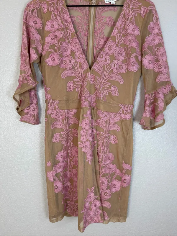For Love & Lemons Temecula Mesh Embroidered Mini Dress in Nude Rose Pink Large - Image 5