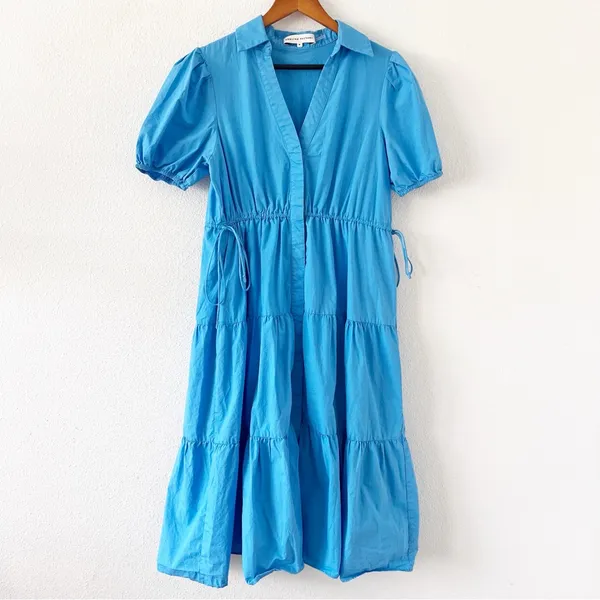 English Factory Ocean Blue Button Down Puff Sleeve Tiered Midi Dress - Image 3