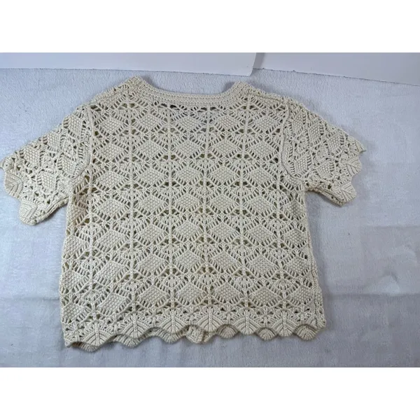 Willow & Root Diamond Pointelle Cardigan Sweater Cream Sz M Cottagecore Boho Top - Image 10