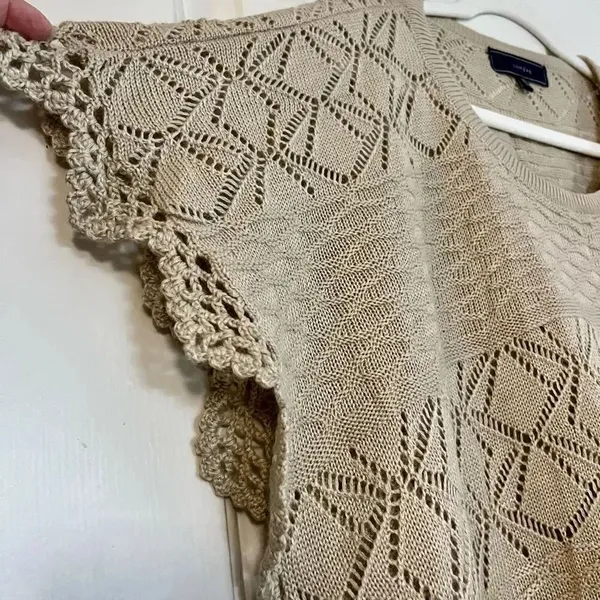 Lumiere Women’s Tan Knit Crochet Poncho Blouse One Size - Image 3