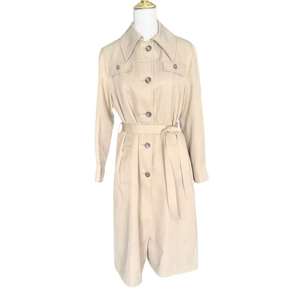 Vintage 70s Tan Beige Longline Belted‎ Trench Coat Duster Jacket Womens - Image 2