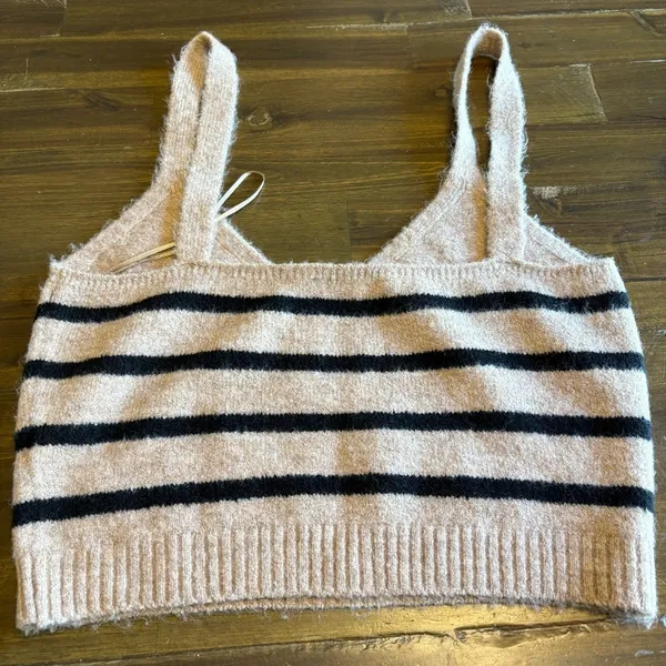 Zara V Neck Sweater Tank Fuzzy Stripped Ribbed Crop Top S Tan Black Layer - Image 3