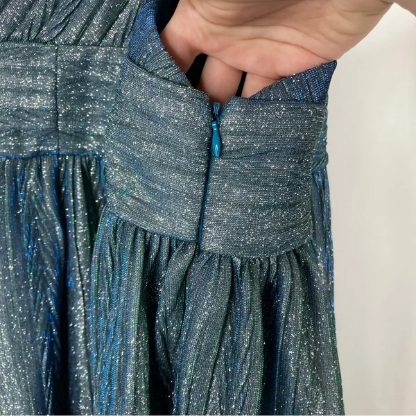 Lulu's Teal Blue Stop The Show Glitter Mini Party Dress V-Neck Womens Large - Image 4