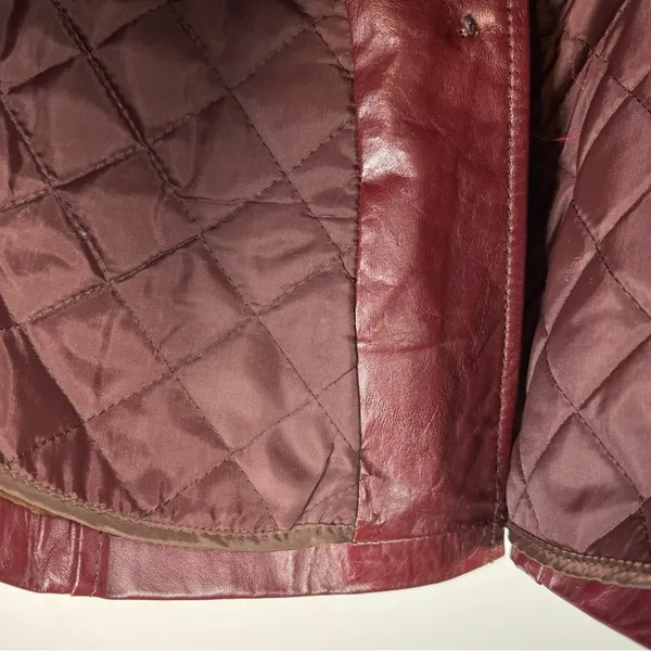 Vintage Leather Rabbitt Fur Trim Trench Tie Jacket Sz 5/6 Maroon Y2K Mob Wife - Image 16