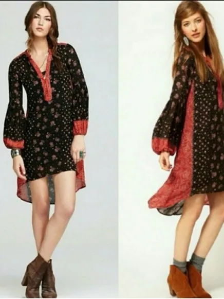 Free People Peacemaker High Low Tunic Dress Black Red Bandana Paisley Boho - Image 2