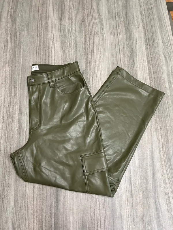 Abercrombie & Fitch Olive Green Faux-Leather Wide Leg Cargo Pants - Image 3