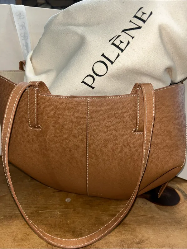 Polène Cyme Mini Textured Leather Tote Bag Camel Brown with Box & Dust Bag - Image 3