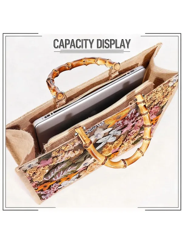 Embroidered Floral Tote Bag with Bamboo Handles - Beige - Image 7