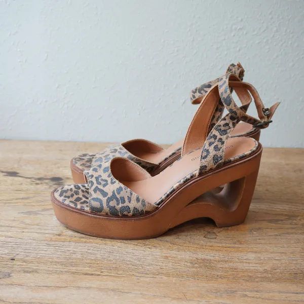 Lucky Brand Wynona Leopard Print Wedge Platform Sandals Tan Black 9.5M - Image 4