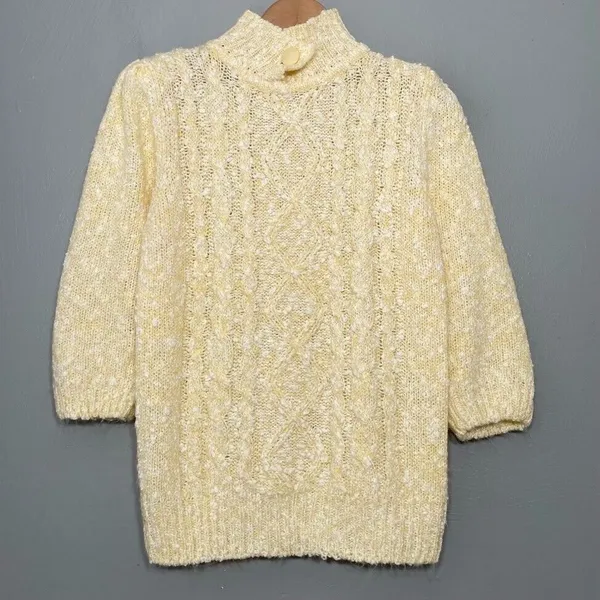 Vintage Butter Yellow Fits Size Small Sweater Cottage Boucle Knit Romantic Boho - Image 2