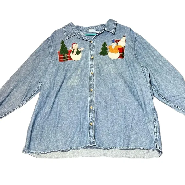 Vintage Christmas Denim Button Up Shirt Womens 2X Blue Holiday Embroidered Snow - Image 2