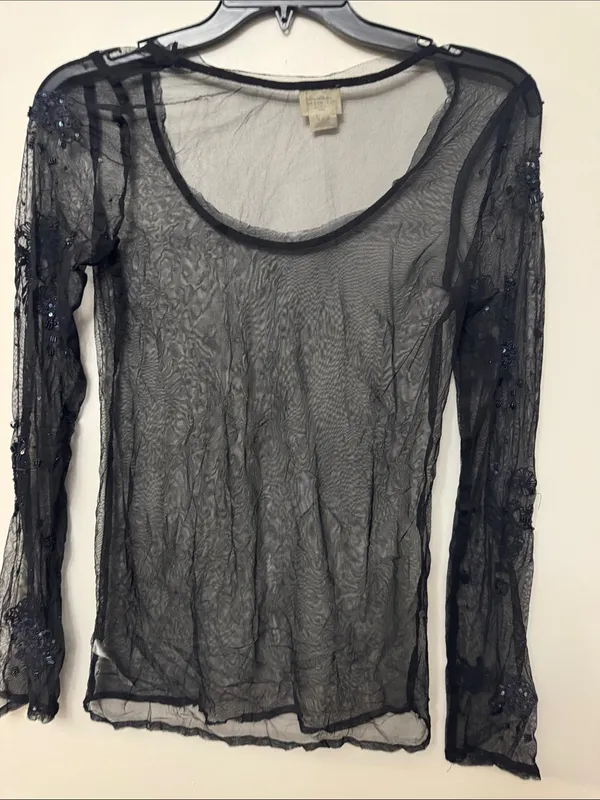 Free People Black Sheer Long Sleeve Mesh Top - Image 3