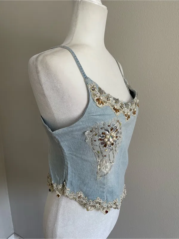 Embellished Light Blue Denim Cami Top Size L - Image 4