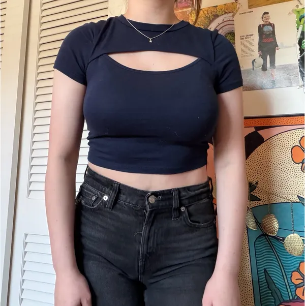 Ambiance Apparel Navy blue crop top with cutout - Image 2