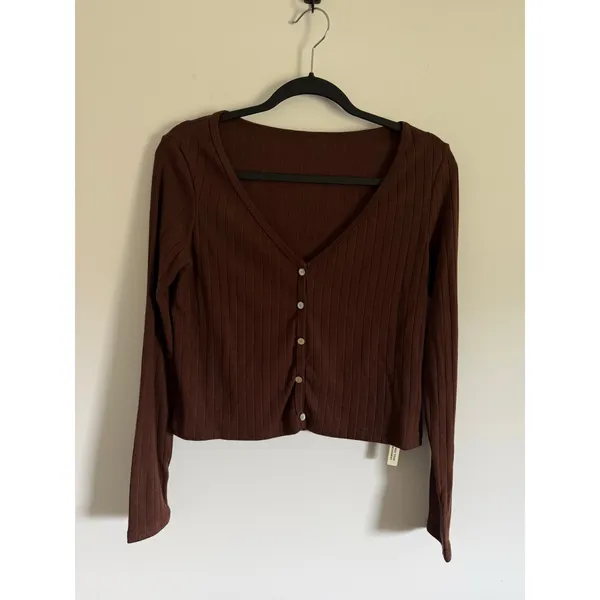 $59 New OGLmove Wide Rib V-neck Cardigan - Brown Small - Image 3