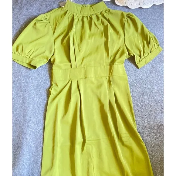 Mock Neck Midi Dress Womens Olive Green New Pleated Puff‎ Sleeve Slit - Image 4