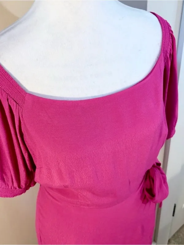 💥NWT Maeve Anthropologie Raspberry Pink Wrap Tie Waist Puff Sleeve Dress 14💛 - Image 9