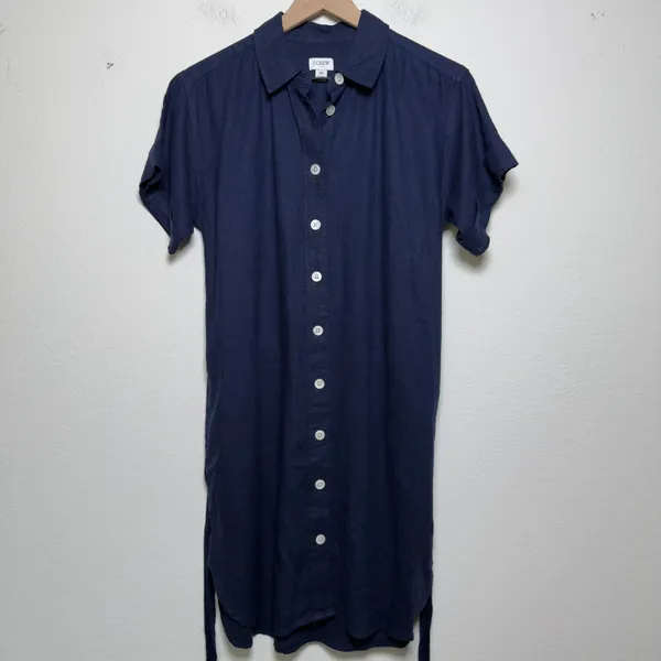 J. Crew Women Linen Shirt‎ Dress XS Navy Blue Minimalist Coastal Lagenlook - Image 2