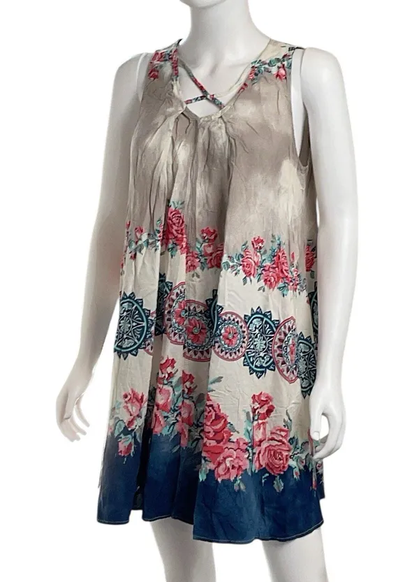 Umgee Women's Sleeveless Print Flowy V-Neckline Skinny Cross Straps Dress Tops L - Image 2
