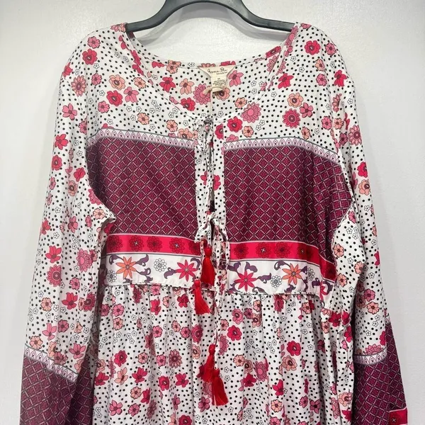 Gypsy Blu Boho Mixed Print Tassels Puff Sleeve Floral Midi Dress Size 3X NEW - Image 7