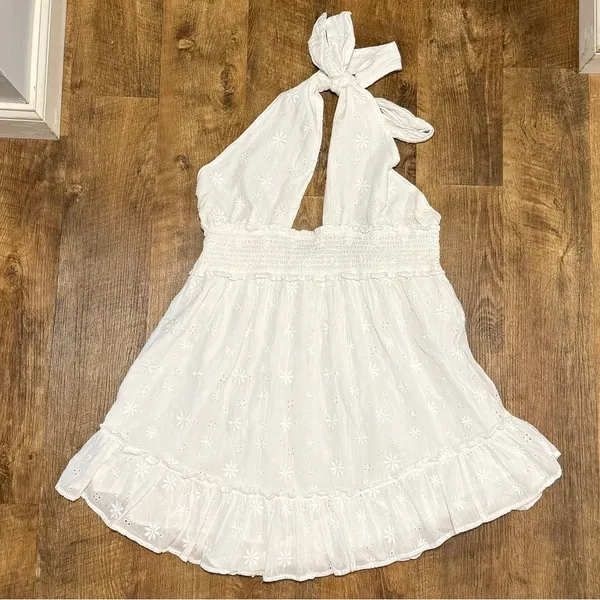 NEW Aerie White Spring Eyelet Fling Mini Dress Sz XL Halter Tie Floral - Image 2