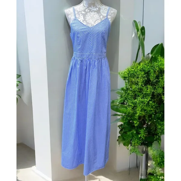 Loft Nautical Coastal Euro Summer Blue White Striped Sleeveless Maxi Dress Size M - Image 2