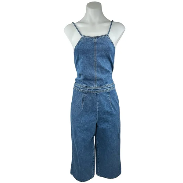 ASOS Women's Blue Sleeveless Lace Up Back Wide Leg Capri Denim Jean Jumpsuit 2 - Image 2