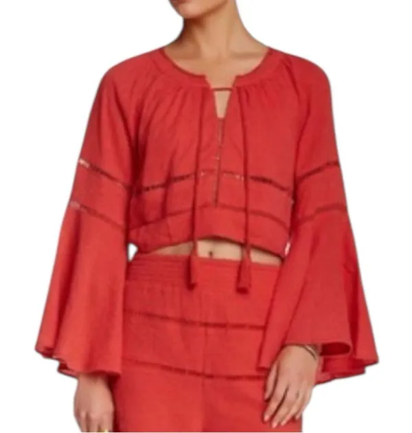 Free People Boho Bell-Sleeve Peasant Top Blouse Red Lace Inset Tie Neck – Size M - Image 2