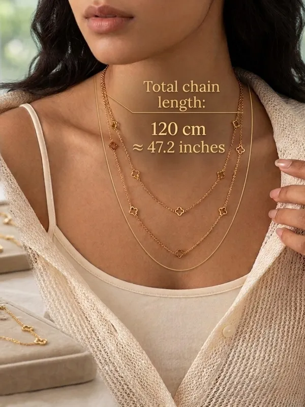 Gold Plated Floral clover necklace Stainless Steel women Jewelry 42” - Image 13