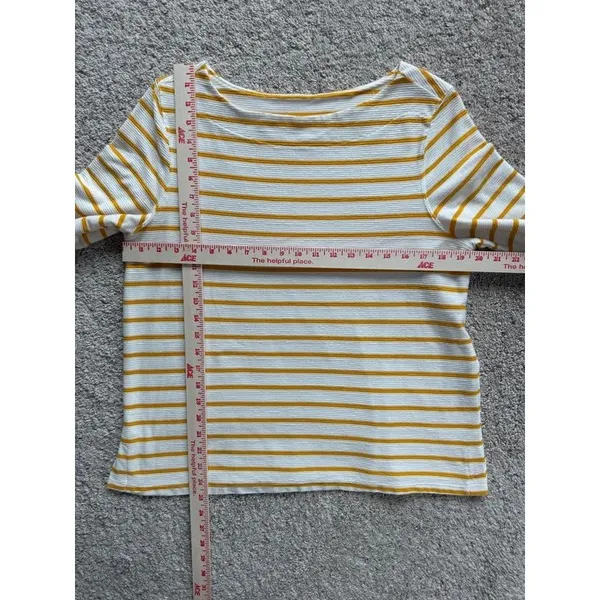 Old Navy Women Large Mustard Striped Bell Sleeve Top Ribbed Knit Boatneck Shirt - Image 2