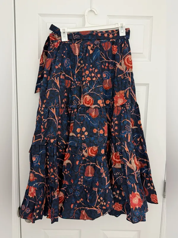 Ulla Johnson Sigrid Tiered Floral Midi Skirt Cotton Women’s 6 Navy - Image 4