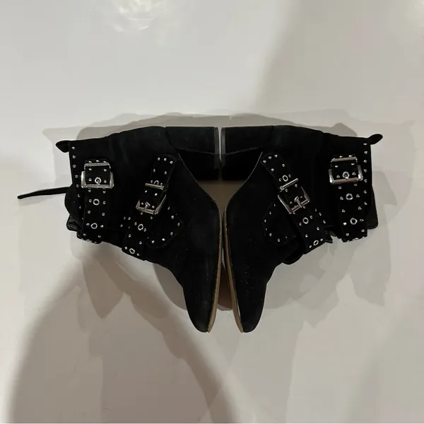 Rebecca Taylor Logan Black Suede Studded Buckle Heel Booties‎ Size 7 - Image 4