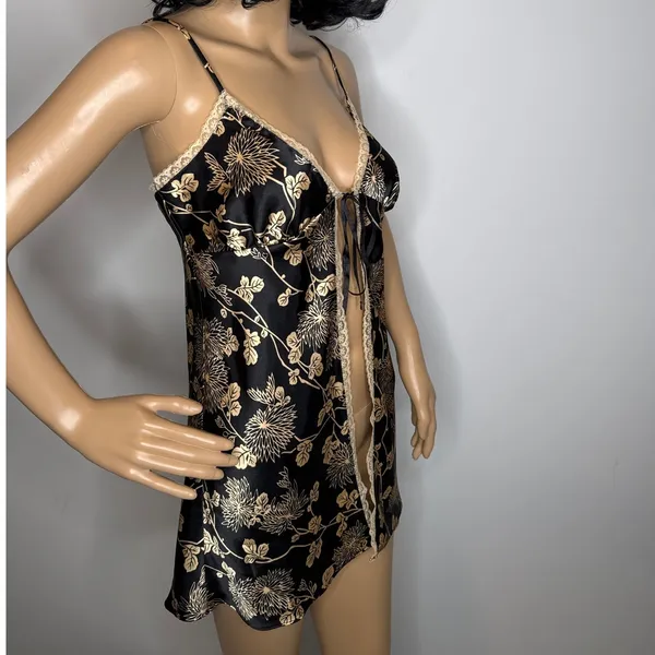 Victoria’s Secret Black Gold Floral Satin Open-Front lace trimTop Slip dress Sp - Image 9