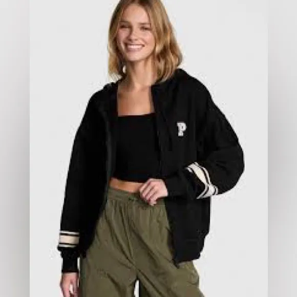Victoria's Secret Pink Ivy Fleece Campus Black Full-Zip Hoodie Sweatshirt Medium - Image 2